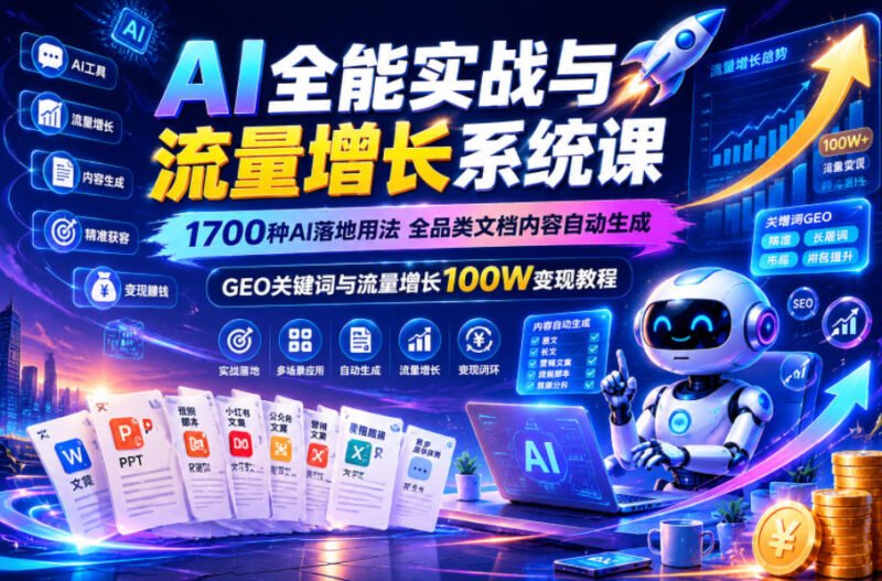 AI全能实战与流量增长系统课，1700种AI落地用法，全品类文档内容自动生成，GEO关键词与流量增长100W变现教程-xn--mkro2sf1o.com
