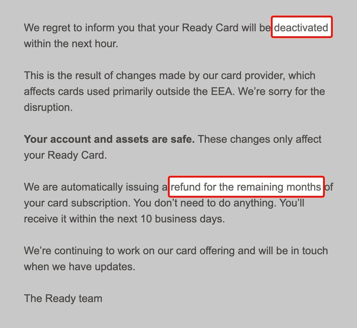 加密卡 Ready Card 宣布停用退费,非 EEA 用户受影响