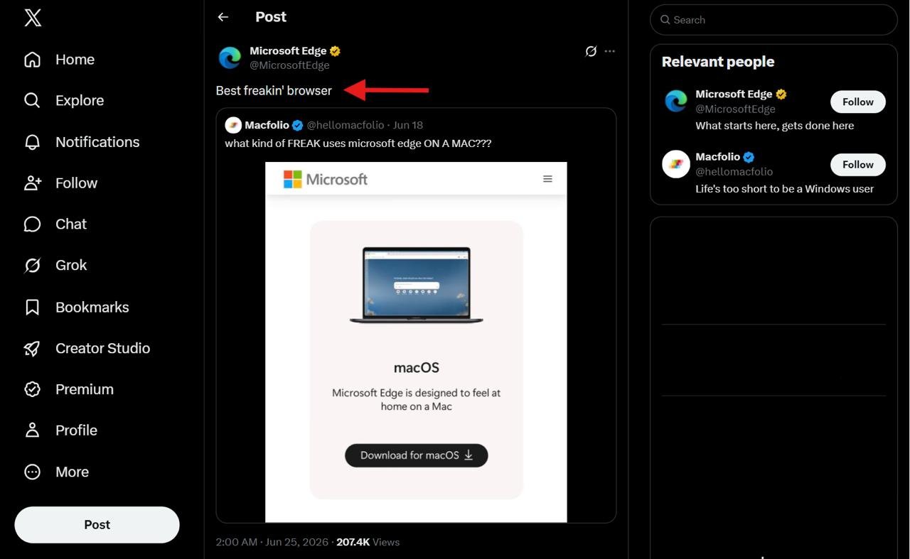 📱 微软回应 Mac 用户嘲讽:Edge 是“最好的浏览器”