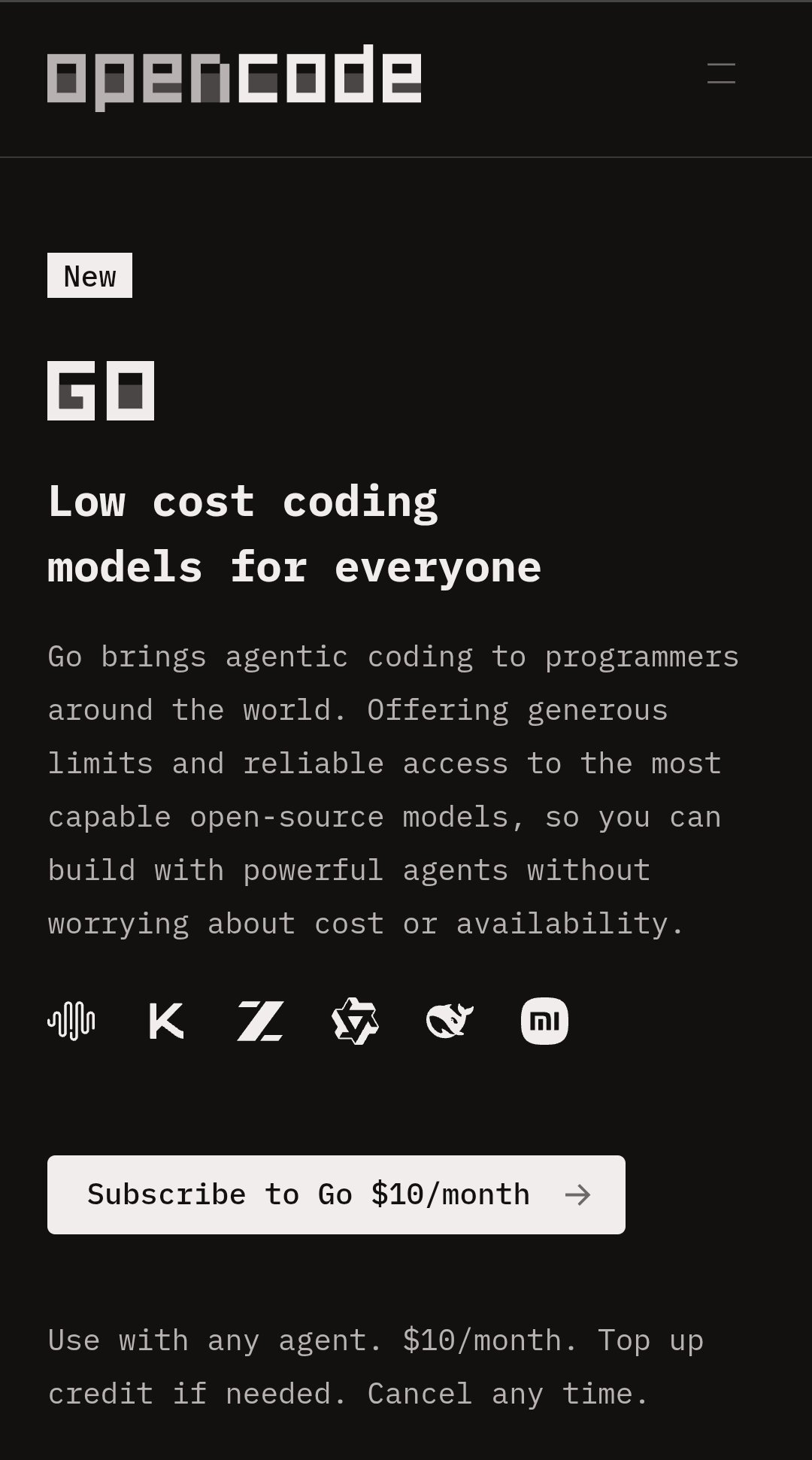 OpenCode 取消 5 美元首月优惠，改为每月 10 美元