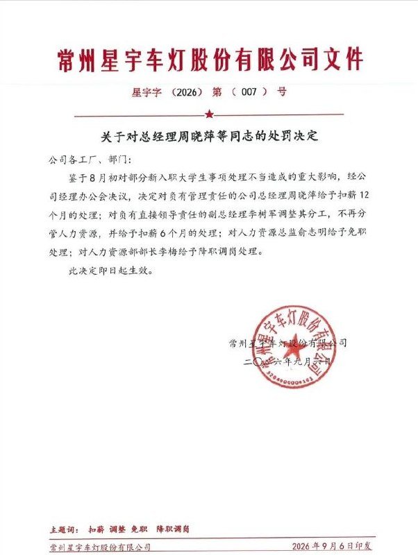 星宇股份处罚多名高管,总经理被扣薪 12 个月