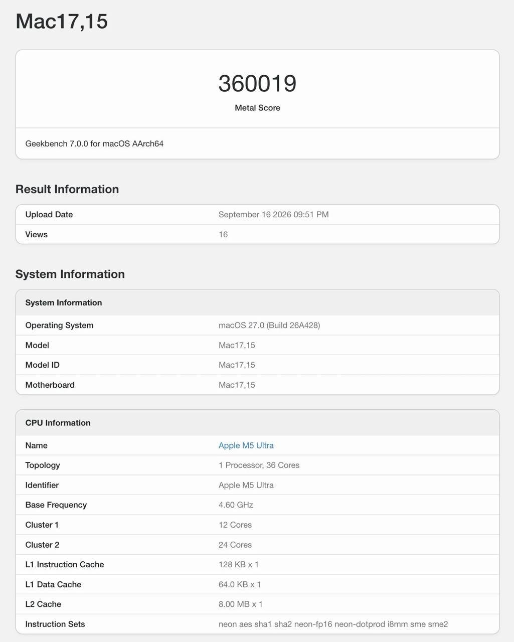 Apple M5 Ultra 跑分泄露,