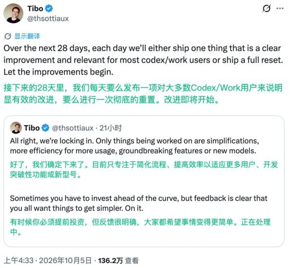 🤖 Tibo 宣布连续 28 天改进 Codex/Work，-xn--mkro2sf1o.com