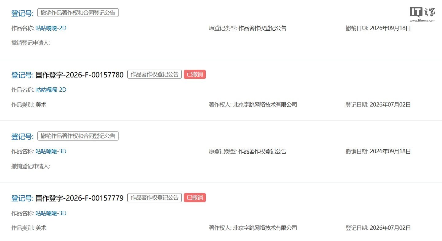 字节跳动撤销 "咕咕嘎嘎" 等热梗著作权登记